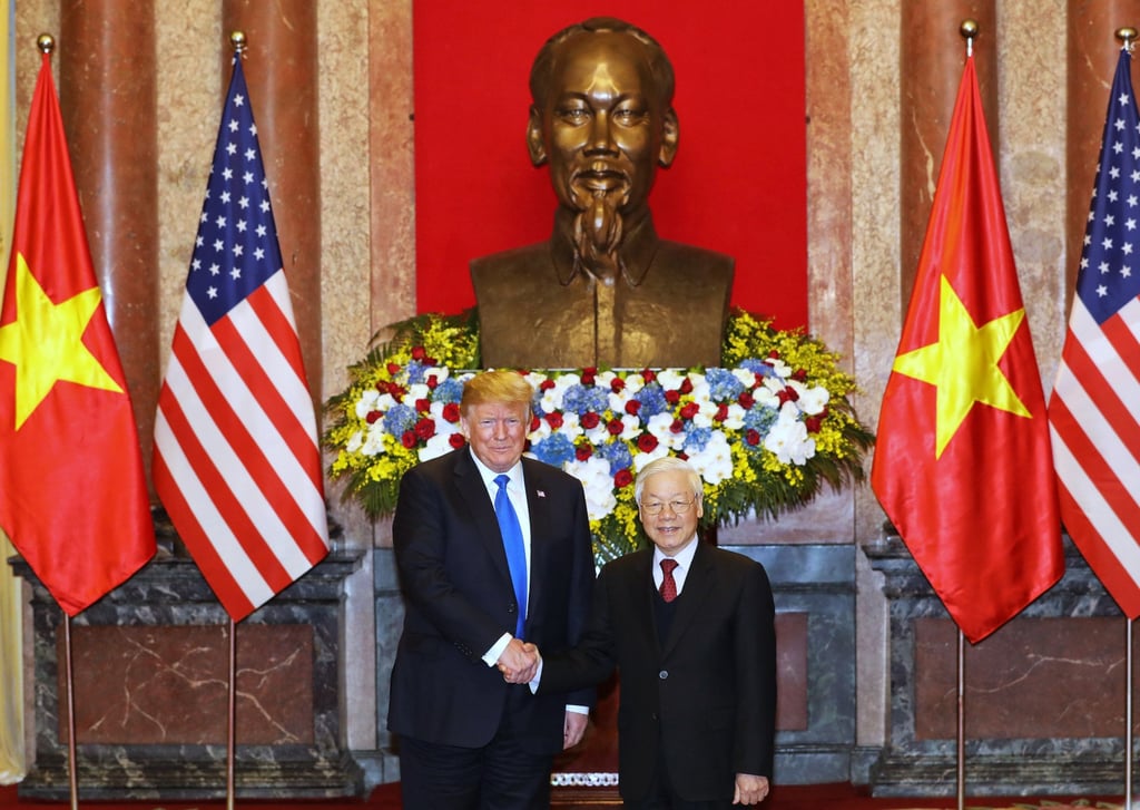 Former US President Donald Trump and former Vietnamese President Nguyen Phu Trong pose at the Presidential Palace in Hanoi, Vietnam, in February 2019. Photo: Getty Images