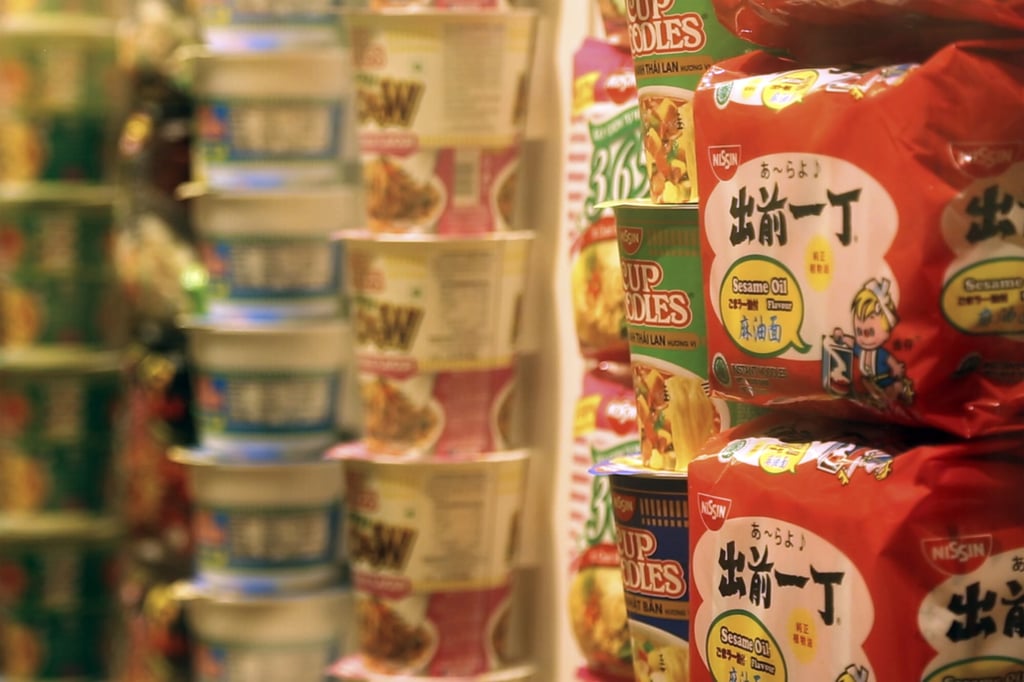 Instant noodles sit on display in the Cupnoodles Museum in Yokohama, Japan. Photo: AP