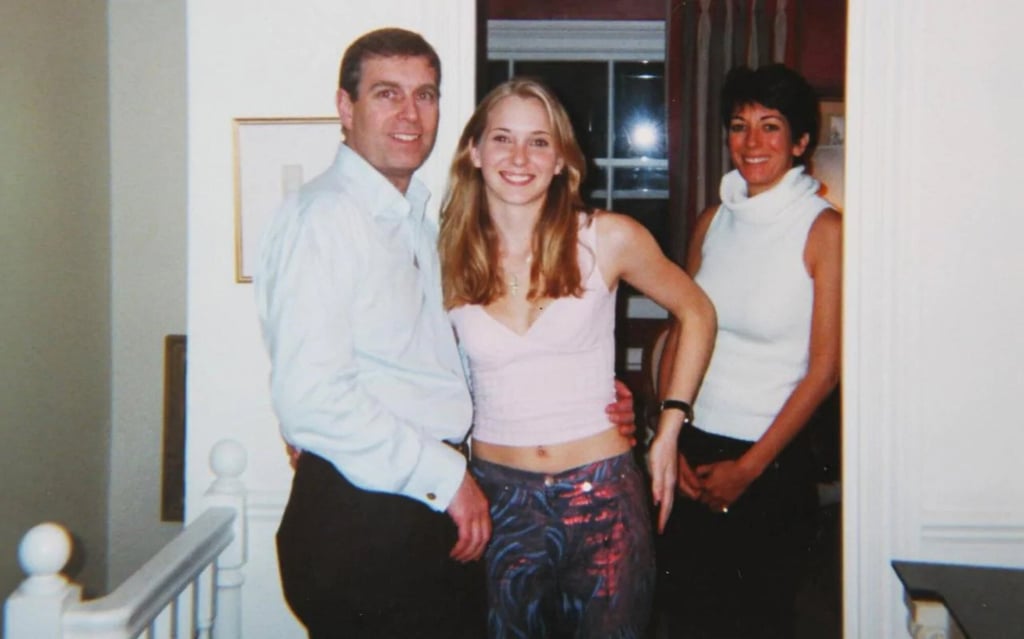 A photo allegedly showing British royal Prince Andrew with his accuser, Virginia Roberts-Giuffre (centre, née Giuffre). In the background is Ghislaine Maxwell, one of sex trafficker Jeffrey Epstein’s friends. Photo: Handout