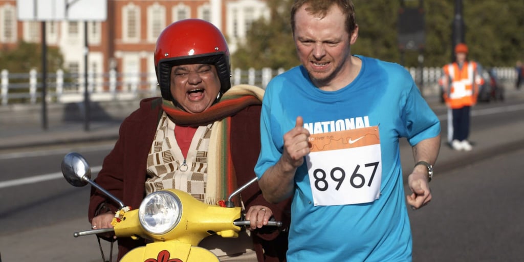 Harish Patel and Simon Pegg in Run Fatboy Run (2007). Photo: @thegoodbadbasic/Twitter