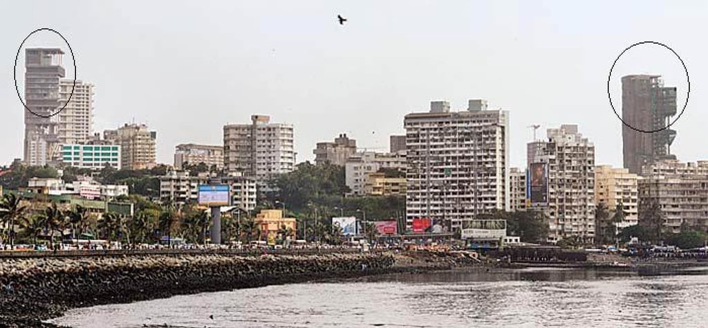 Mukesh Ambani’s Antilia (left) and Gautam Singhania’s JK House (right) in Mumbai. Photo: Puputupu