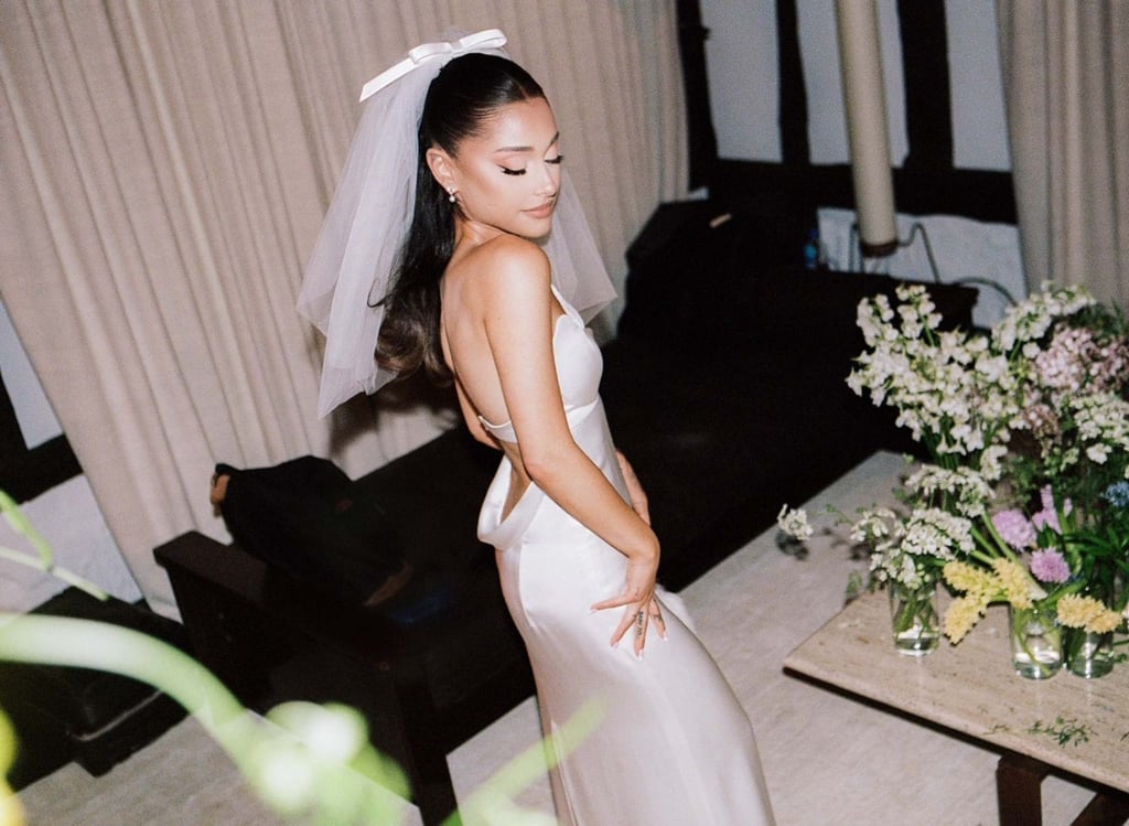 Ariana Grande’s gown was a lily white, silk charmeuse strapless dress with an empire waist and a sculpted neckline. Photo: Instagram