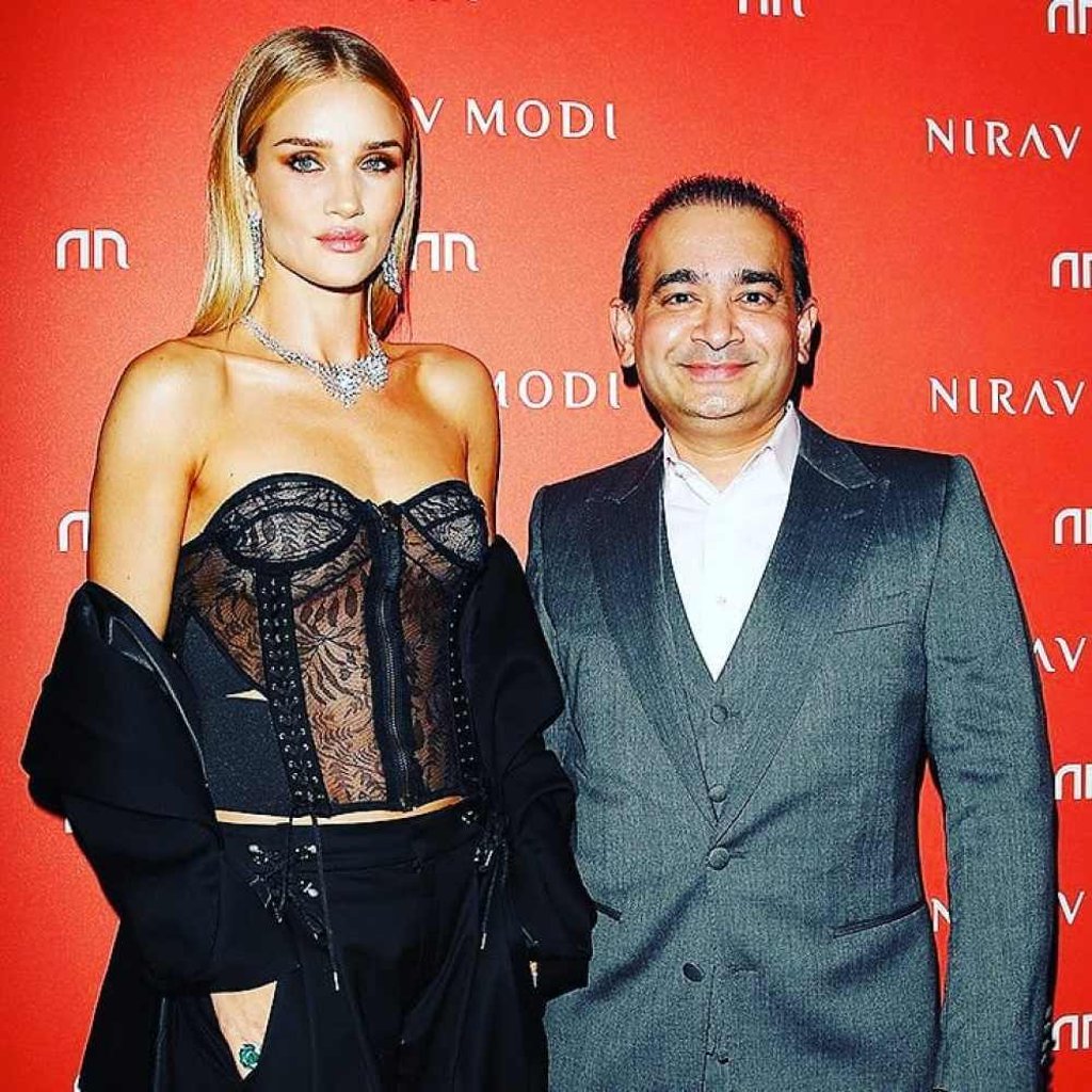 Nirav Modi with model Rosie Huntington Whiteley, who wears diamonds from one of his boutiques. Photo: @modi9125/Instagram Nirav Modi with model Rosie Huntington Whiteley, who wears diamonds from one of his boutiques. Photo: @modi9125/Instagram