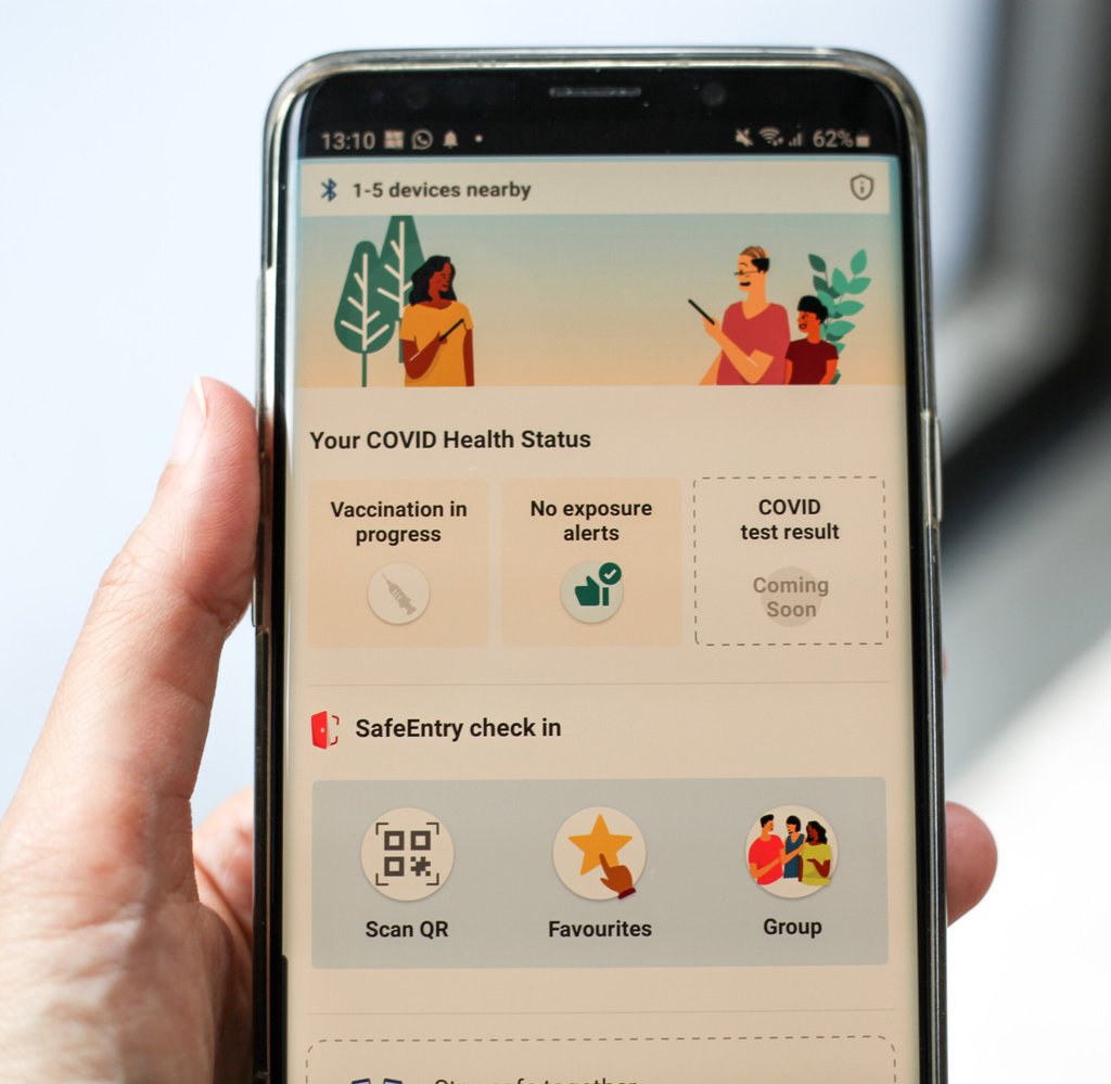 The Trace Together app is required to check into any establishment in Singapore, and shows your vaccination status.