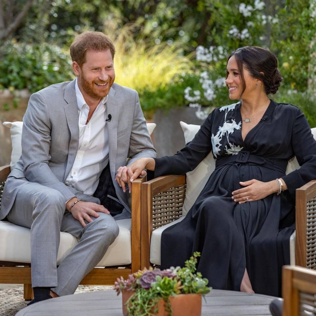 Meghan Markle and Prince Harry during their bombshell interview with Oprah Winfrey. Photo: @oprahmagazine/Instagram