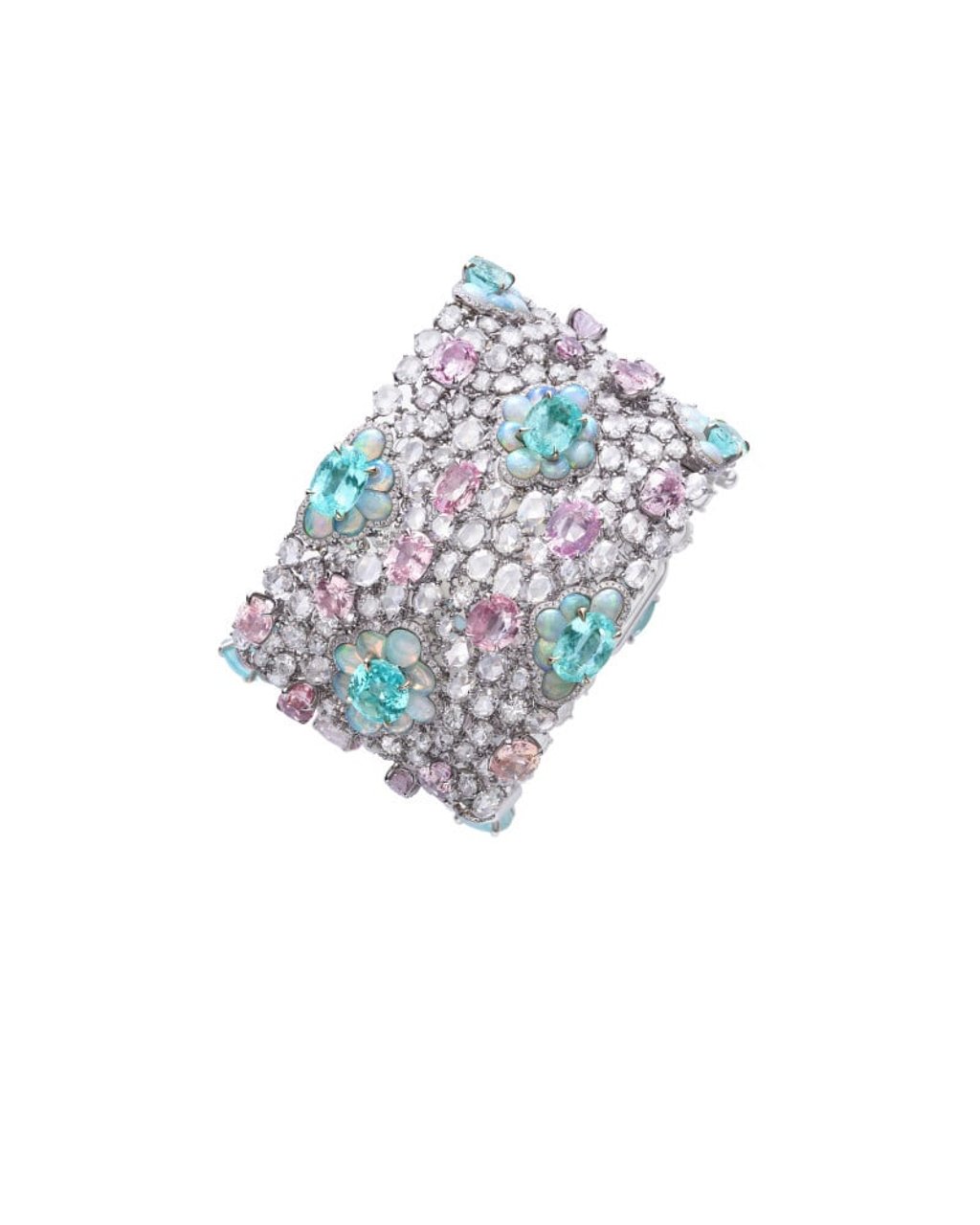Chopard’s Red Carpet Collection bracelet in ethical 18-carat white gold featuring 27.52 carats of Paraiba tourmalines, 40.39 carats of Padparadscha sapphires, 14.37 carats of opals and 36.28 carats of diamonds. Photo: Chopard Chopard’s Red Carpet Collection bracelet in ethical 18-carat white gold featuring 27.52 carats of Paraiba tourmalines, 40.39 carats of Padparadscha sapphires, 14.37 carats of opals and 36.28 carats of diamonds. Photo: Chopard