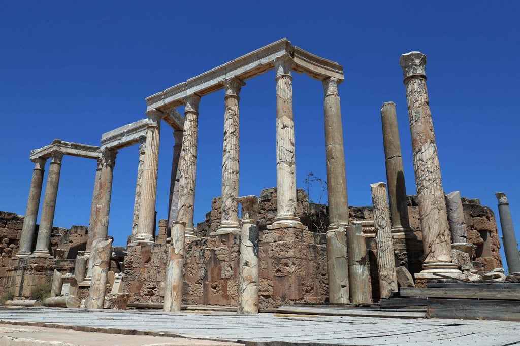 Marble columns line the theatre stage in the ancient Roman city of Leptis Magna. Photo: Mahmud Turkia/AFP Marble columns line the theatre stage in the ancient Roman city of Leptis Magna. Photo: Mahmud Turkia/AFP