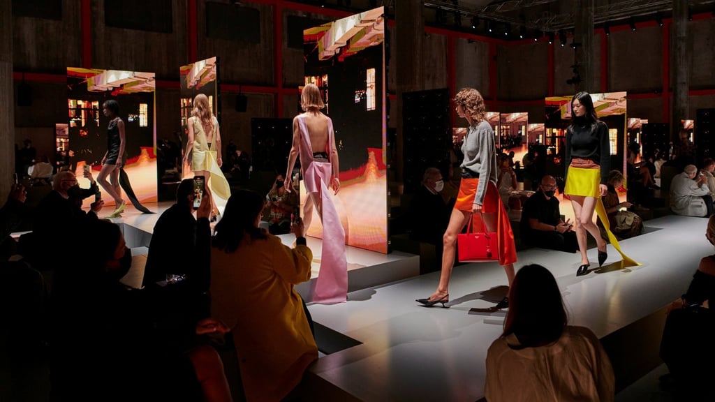 Models present creations from the Prada spring/summer 2022 collection during Milan Fashion Week in Milan, Italy, on September 24. Photo: Prada/Handout via Reuters