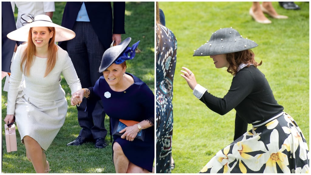 Princesses Eugenie and Beatrice, also mum Sarah Ferguson, curtsy slightly awkwardly while remaining composed. Photos: @MonarchyUK/Twitter and Getty Images