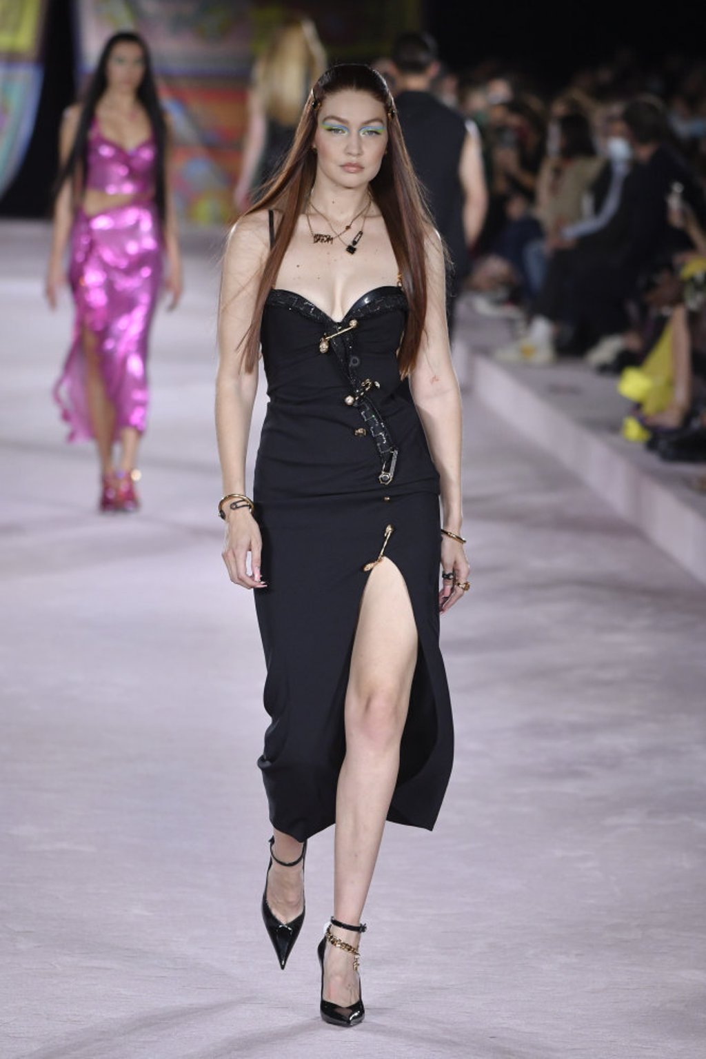 US model Gigi Hadid takes the catwalk during the Versace ready-to-wear spring/summer 2022 fashion show as part of Milan Fashion Week on September 24. Photo: Zuma Press Wire/DPA