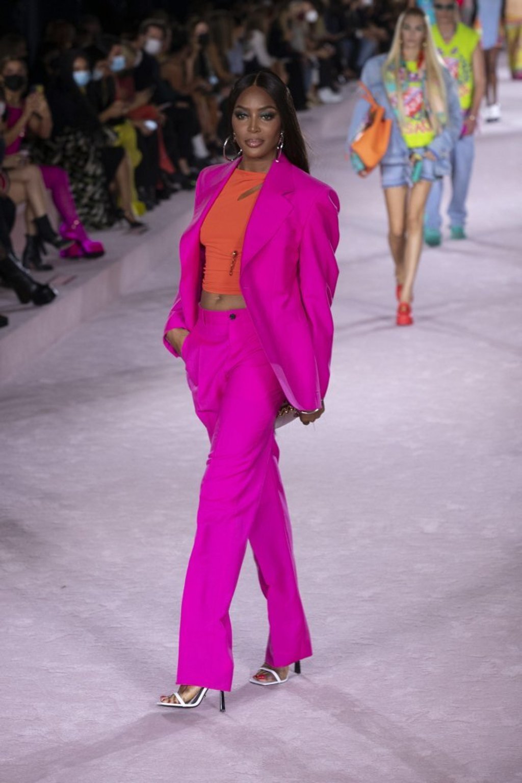 Naomi Campbell presents a creation by Versace during the Milano Moda Donna spring/summer 2022 Milan Women’s Fashion Week in Milan, Italy, on September 24. Photo: EPA-EFE