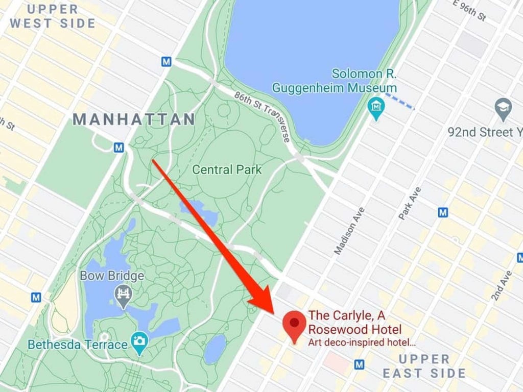 The Carlyle Hotel in the Upper East Side of New York City. Photo: Google Maps The Carlyle Hotel in the Upper East Side of New York City. Photo: Google Maps