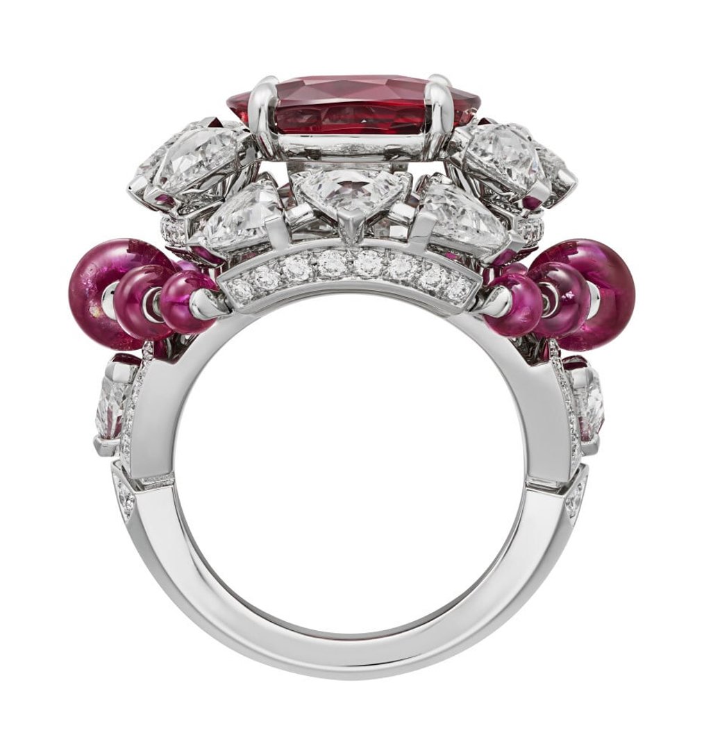 The tiered construction of the Phaan ring allows a 4.01-carat diamond to be sat under the central ruby. Photo: Cartier