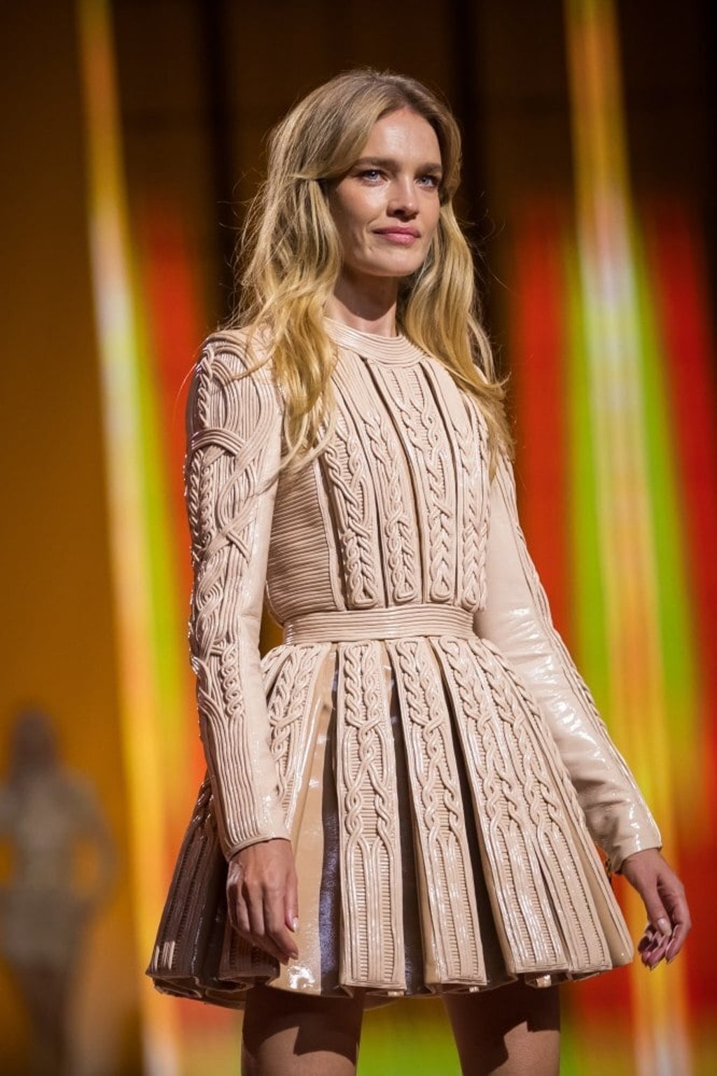 Russian model Natalia Vodianova presents a creation of the spring/summer 2022 ready-to-wear collection by French designer Olivier Rousteing for Balmain fashion house during Paris Fashion Week, in Boulogne, France, on September 29. Photo: EPA-EFE