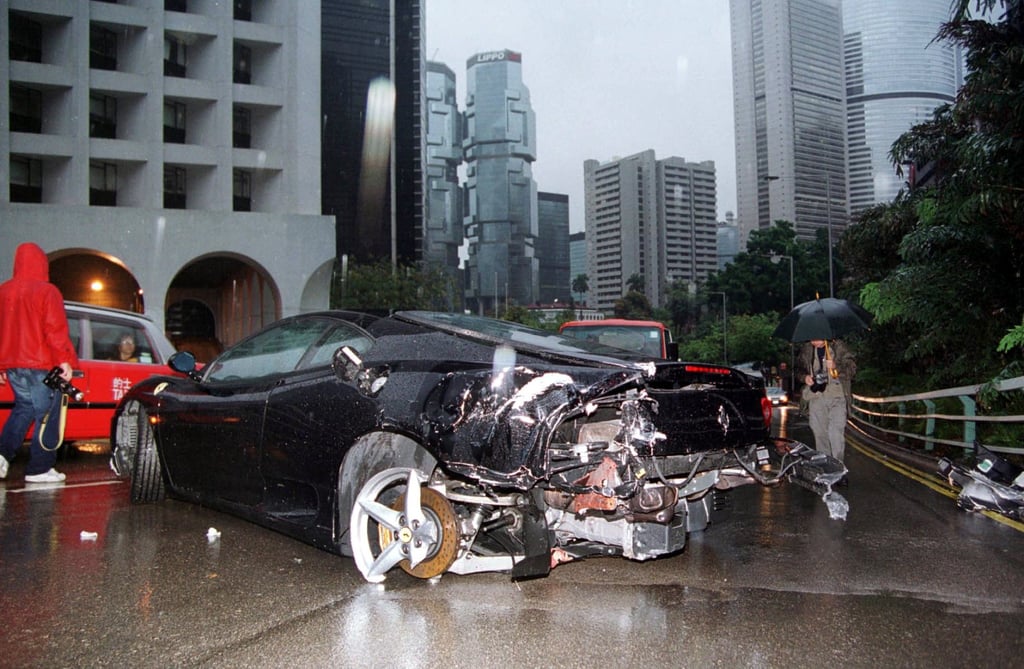 Tse’s Ferrari after the crash at Garden Road, Central, in March 2002. Photo: SCMP