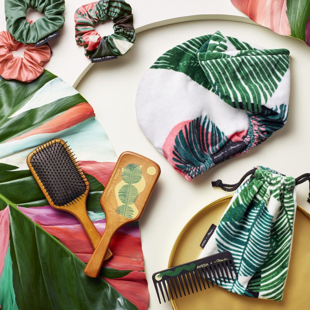Hair brushes, a comb and a head towel from the Aveda X 3.1 Phillip Lim holiday collection.