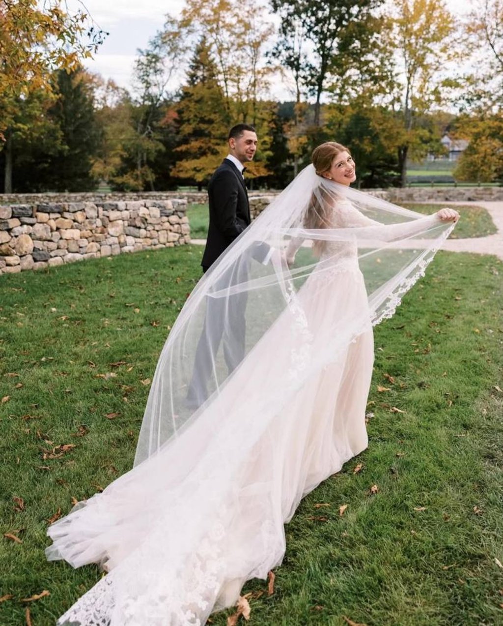 The wedding gown was lined with white hybrid Dutch delphinium flowers. Photo: @verawang/Instagram The wedding gown was lined with white hybrid Dutch delphinium flowers. Photo: @verawang/Instagram