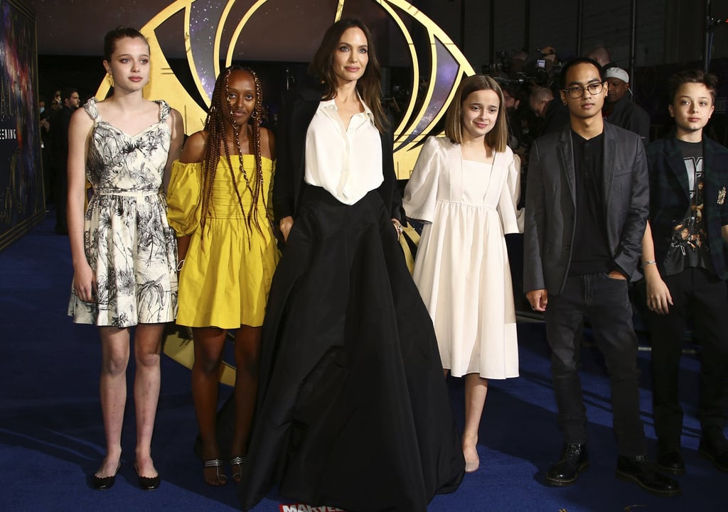 Angelina Jolie poses with her children Shiloh, Zahara, Vivienne, Maddox and Knox Jolie-Pitt at the premiere of Eternals, on October 27. Photo: AP
