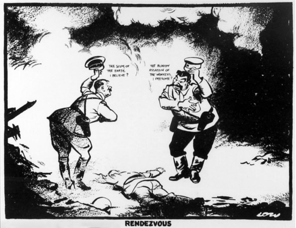 A David Low cartoon lampooning Adolf Hitler and Joseph Stalin. Hitler says to Stalin: ‘The scum of the earth I believe?’ Stalin says to Hitler: ‘The bloody assassin of the workers, I presume?’ Photo: David Low