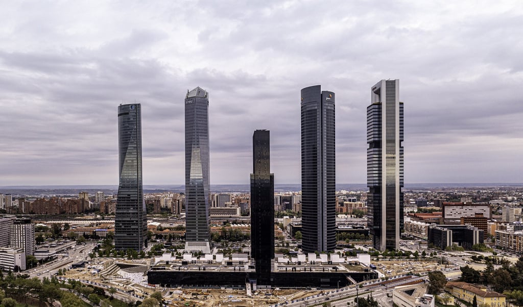 The IE Tower (foreground) joins four others in Madrid’s financial district.