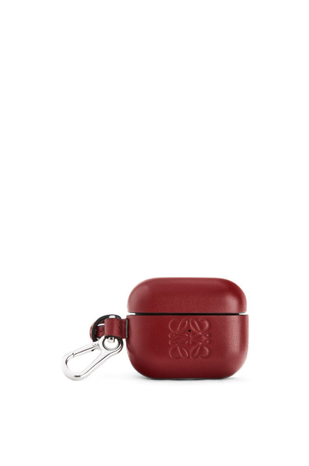 Loewe’s AirPod Pro case in classic calfskin in berry red. Photo: Handout