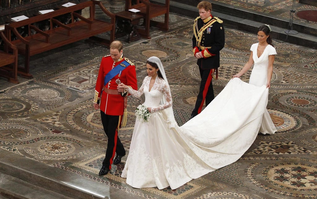 Prince William, Duke of Cambridge and his bride Catherine Middleton, Duchess of Cambridge, followed by best man Prince Harry and maid of honour Pippa Middleton, leave Westminster Abbey in London, Britain, in April 2011, following their wedding service. Photo: EPA