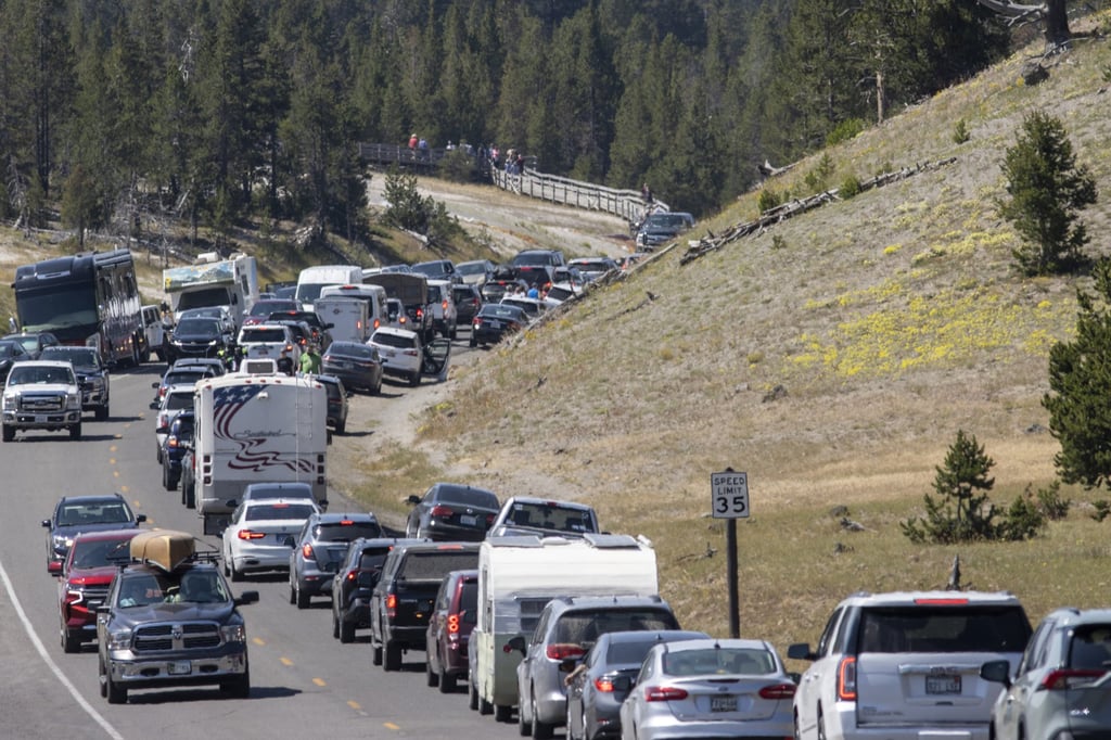 Yellowstone National Park in July 2021. It is one of many national parks seeing record numbers of visitors, leading to long queues, packed car parks and traffic jams. Photo: Natalie Behring/Getty Images