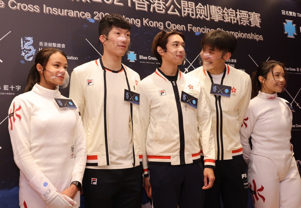 (L-R) Hong Kong fencers Coco Lin Yik-hei, Edgar Cheung Ka-long, Nicholas Edward Choi, Shawn Cheung Siu-lun and Moonie Chu Ka-mong – who will take part in the Blue Cross Insurance 2021 Hong Kong Open Fencing Championships at AsiaWorld-Expo this weekend – attend a media conference for the event. Photo: Nora Tam (L-R) Hong Kong fencers Coco Lin Yik-hei, Edgar Cheung Ka-long, Nicholas Edward Choi, Shawn Cheung Siu-lun and Moonie Chu Ka-mong – who will take part in the Blue Cross Insurance 2021 Hong Kong Open Fencing Championships at AsiaWorld-Expo this weekend – attend a media conference for the event. Photo: Nora Tam