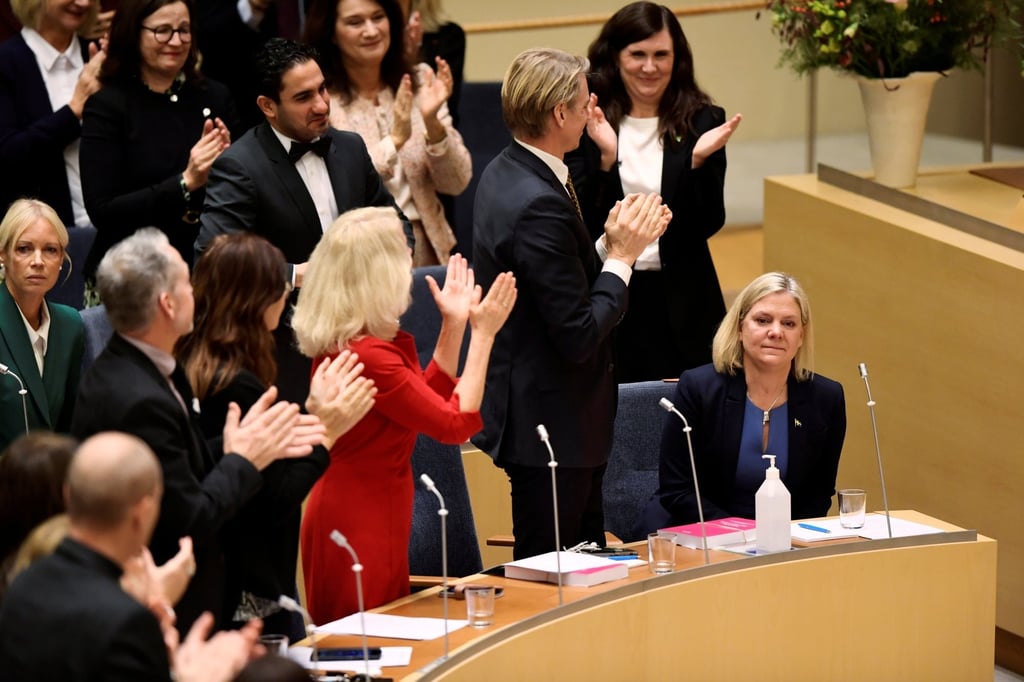 Current Finance Minister and Social Democrat leader Magdalena Andersson is congratulated after being appointed as the country’s new Prime Minister. Photo: TT News Agency via Reuters Current Finance Minister and Social Democrat leader Magdalena Andersson is congratulated after being appointed as the country’s new Prime Minister. Photo: TT News Agency via Reuters
