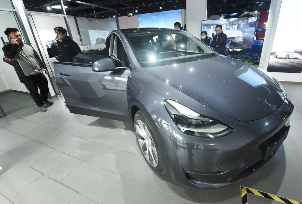 Tesla’s first Model Y electric sports-utility vehicles at a showroom in the Zhejiang provincial capital of Hangzhou, on January 4, 2021. Photo: Costfoto/Barcroft Media via Getty Images.