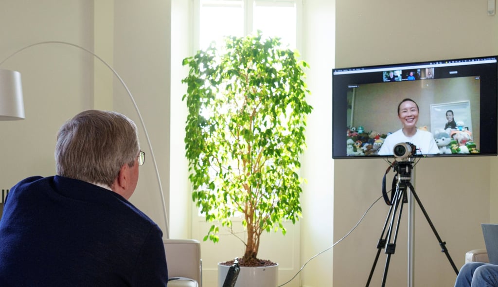 IOC President Thomas Bach talks to Chinese tennis player Peng Shuai via video link on Sunday. Photo: IOC Handout via Reuters IOC President Thomas Bach talks to Chinese tennis player Peng Shuai via video link on Sunday. Photo: IOC Handout via Reuters