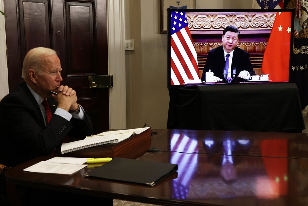 US President Joe Biden participates in a virtual meeting with Chinese President Xi Jinping at the White House on November 15 in Washington. Photo: Getty Images via TNS