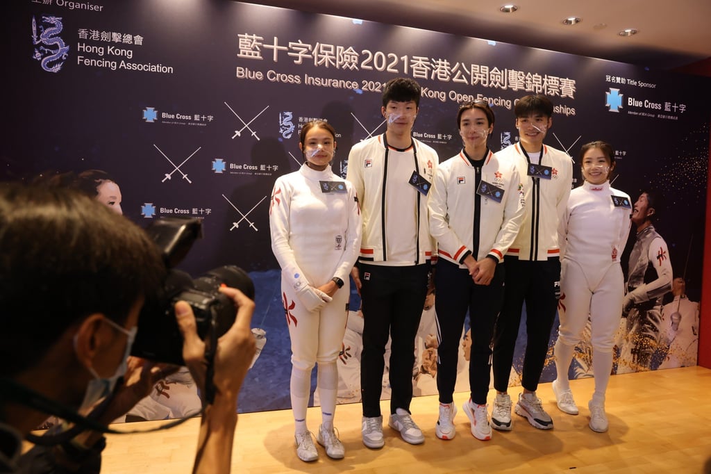 (From left) Hong Kong fencers Coco Lin Yik-hei, Edgar Cheung Ka-long, Nicholas Edward Choi, Shawn Cheung Siu-lun and Moonie Chu Ka-mong at the Hong Kong Open Fencing Championships pre-event press conference in Kwun Tong, Kowloon. Photo: Nora Tam (From left) Hong Kong fencers Coco Lin Yik-hei, Edgar Cheung Ka-long, Nicholas Edward Choi, Shawn Cheung Siu-lun and Moonie Chu Ka-mong at the Hong Kong Open Fencing Championships pre-event press conference in Kwun Tong, Kowloon. Photo: Nora Tam