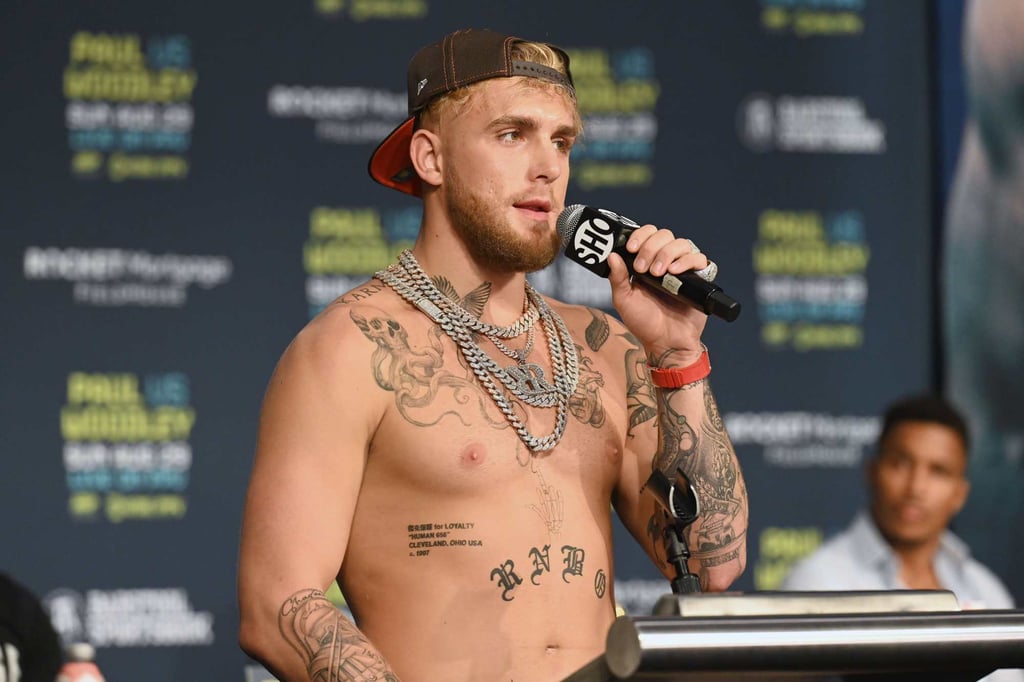 Jake Paul answers questions during a press conference before his August 29 fight with Tyron Woodley. Photo: AFP