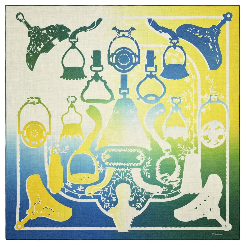 Hermès hand-printed Étriers Chromatiques scarf in cashmere and silk. Hermès hand-printed Étriers Chromatiques scarf in cashmere and silk.