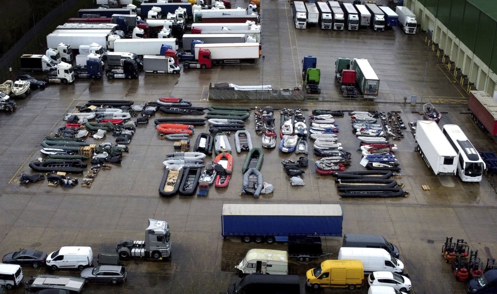 A view of boats used by people thought to be migrants to cross the English Channel, stored at a storage facility near Dover in Kent, England, on November 26. France has reacted angrily to new British proposals for dealing with the deadly flow of migrants between their shores. Photo: via AP A view of boats used by people thought to be migrants to cross the English Channel, stored at a storage facility near Dover in Kent, England, on November 26. France has reacted angrily to new British proposals for dealing with the deadly flow of migrants between their shores. Photo: via AP