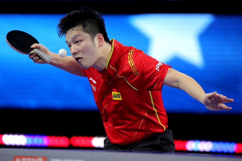 Table tennis player Fan Zhendong of China in a game against Truls Moregard of Sweden in the World Table Tennis Championships men’s singles final in Houston, Texas. Photo: USA Today