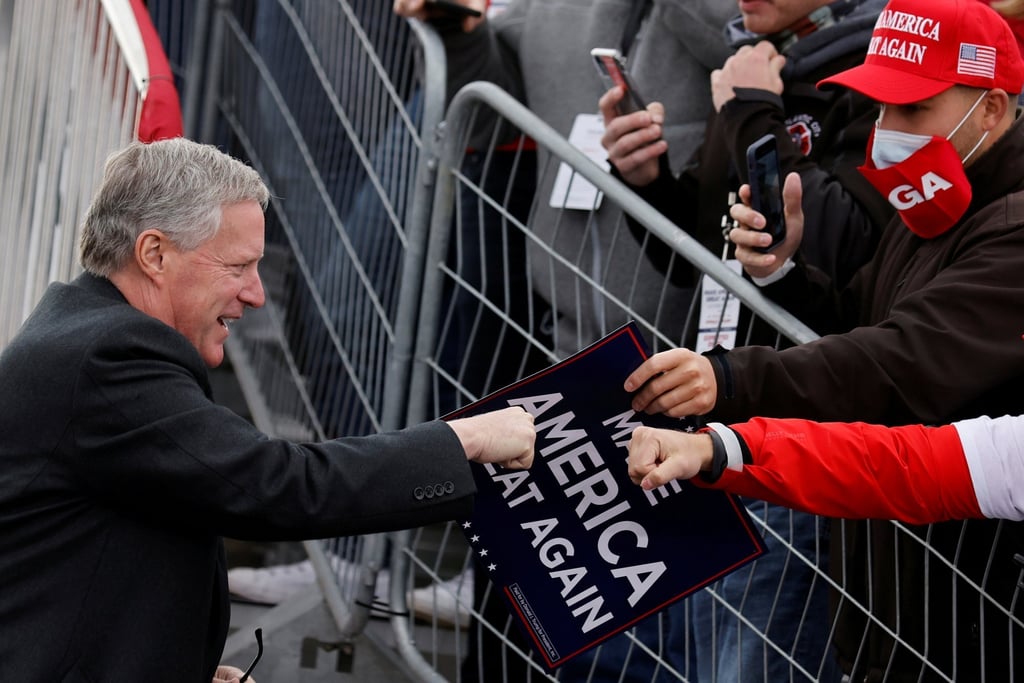 White House Chief of Staff Mark Meadows greets Trump supporters during a campaign rally in Pennsylvania in October 2020. Photo: Reuters White House Chief of Staff Mark Meadows greets Trump supporters during a campaign rally in Pennsylvania in October 2020. Photo: Reuters