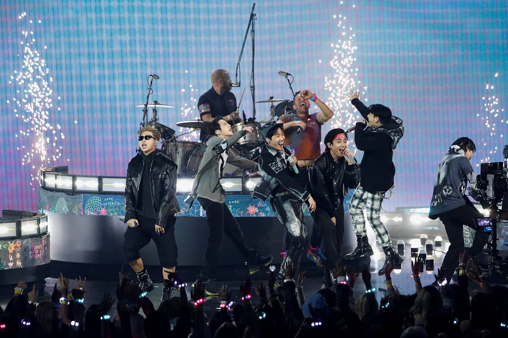 Coldplay and BTS during the American Music Awards in Los Angeles, California on November 21, 2021. Photo: Reuters Coldplay and BTS during the American Music Awards in Los Angeles, California on November 21, 2021. Photo: Reuters