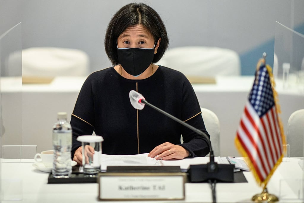 US Trade Representative Katherine Tai speaks to South Korea’s Trade Minister Yeo Han-koo at the beginning of the 6th Korea-US FTA (Free Trade Agreement) Joint Committee in Seoul on November 19. Photo: AFP US Trade Representative Katherine Tai speaks to South Korea’s Trade Minister Yeo Han-koo at the beginning of the 6th Korea-US FTA (Free Trade Agreement) Joint Committee in Seoul on November 19. Photo: AFP