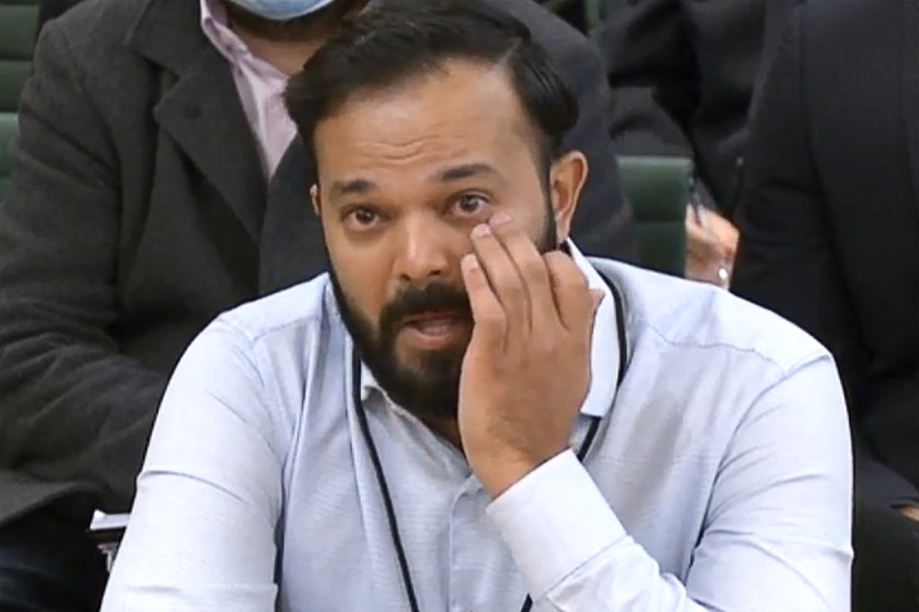 Former Yorkshire cricketer Azeem Rafiq fights back tears while testifying in front of a Digital, Culture, Media and Sport (DCMS) Committee in London. Photo: AFP / PRU Former Yorkshire cricketer Azeem Rafiq fights back tears while testifying in front of a Digital, Culture, Media and Sport (DCMS) Committee in London. Photo: AFP / PRU