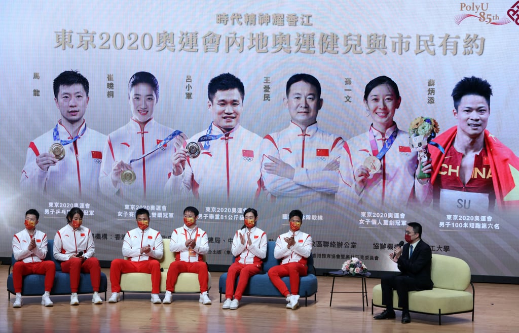 Chinese Olympians (from left to right) Ma Long, Cui Xiaotong, Lyu Xiaojun, coach Wang Aimin, Sun Yiwen and Su Bingtian at PolyU in Hung Hom. Photo: May Tse Chinese Olympians (from left to right) Ma Long, Cui Xiaotong, Lyu Xiaojun, coach Wang Aimin, Sun Yiwen and Su Bingtian at PolyU in Hung Hom. Photo: May Tse