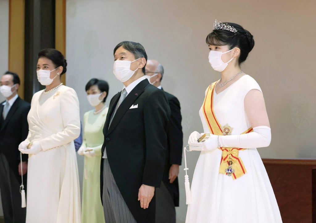 Japan’s Emperor Naruhito, Empress Masako and Princess Aiko attend an event to receive congratulatory greetings for Aiko’s coming-of-age at the Imperial Palace in Tokyo. Photo: Kyodo Japan’s Emperor Naruhito, Empress Masako and Princess Aiko attend an event to receive congratulatory greetings for Aiko’s coming-of-age at the Imperial Palace in Tokyo. Photo: Kyodo