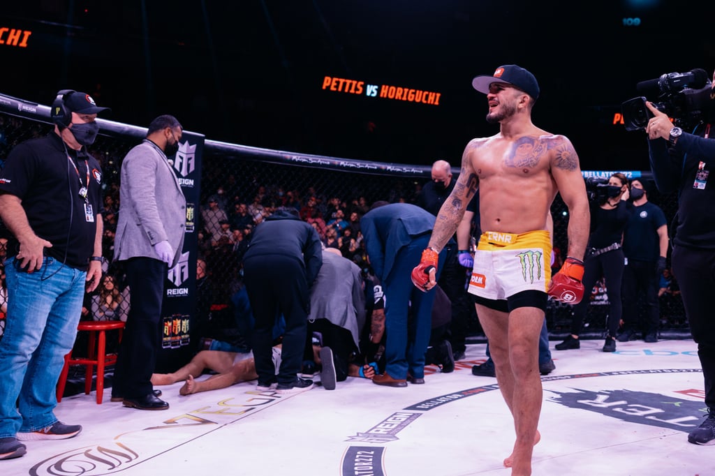 Sergio Pettis walks off after knocking out Kyoji Horiguchi at Bellator 272. Photo: Bellator MMA. Sergio Pettis walks off after knocking out Kyoji Horiguchi at Bellator 272. Photo: Bellator MMA.
