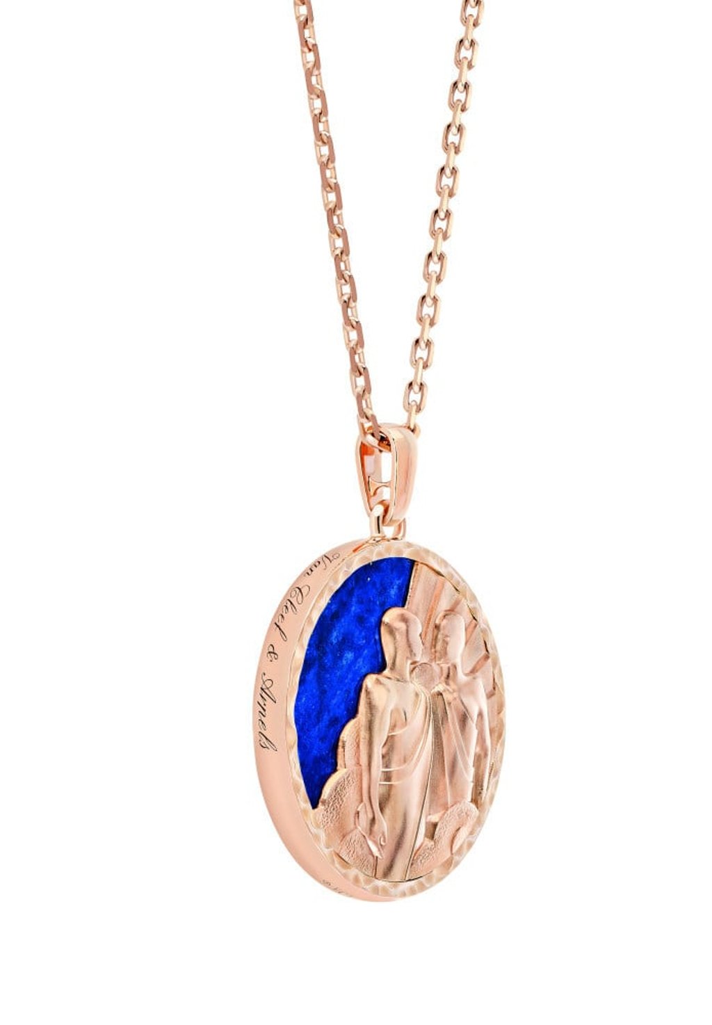 A side shot of the Zodiaque Geminorum necklace in rose gold and lapis lazuli, representing air. Photos: Van Cleef & Arpels
