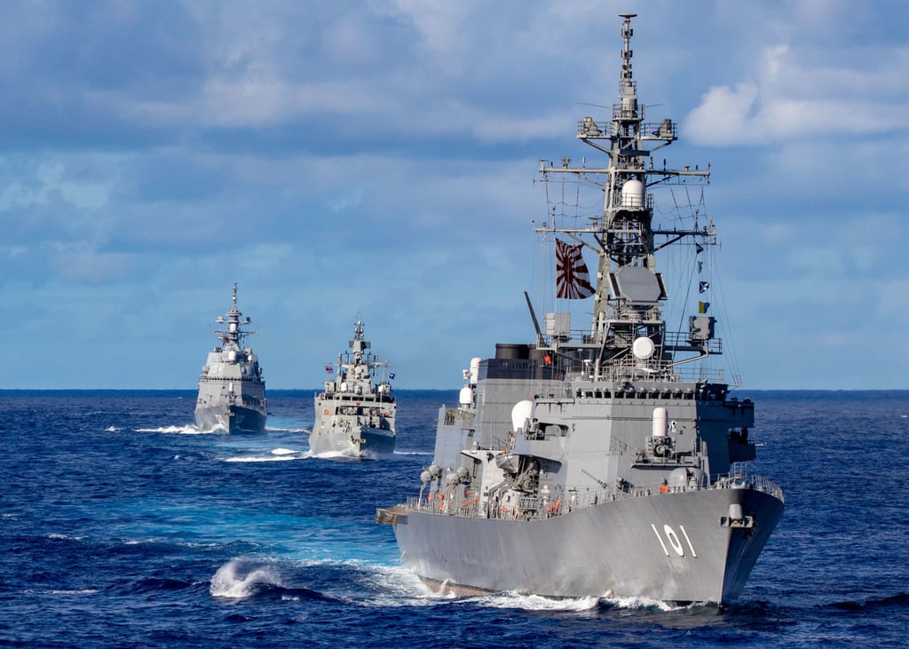 Japanese, Indian and Australian ships take part in a joint exercise. Photo: Handout Japanese, Indian and Australian ships take part in a joint exercise. Photo: Handout