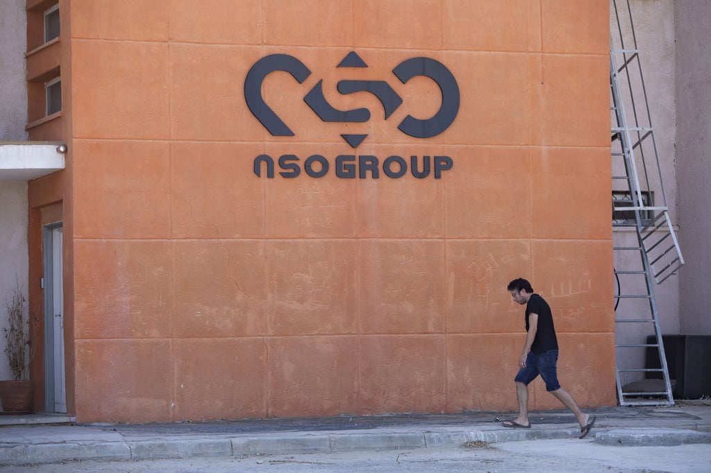 A logo is seen on a wall at an NSO Group branch near the southern Israeli town of Sapir in August. Photo: AP A logo is seen on a wall at an NSO Group branch near the southern Israeli town of Sapir in August. Photo: AP
