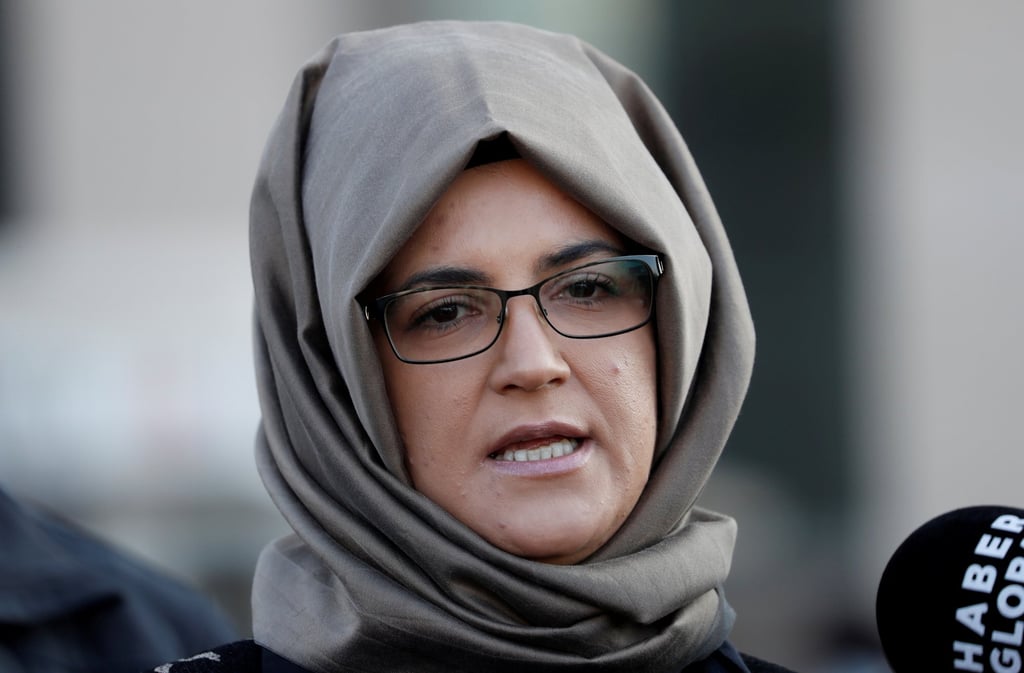 Hatice Cengiz, fiancée of murdered Saudi journalist Jamal Khashoggi, talks to reporters in Istanbul in March. Photo: Reuters