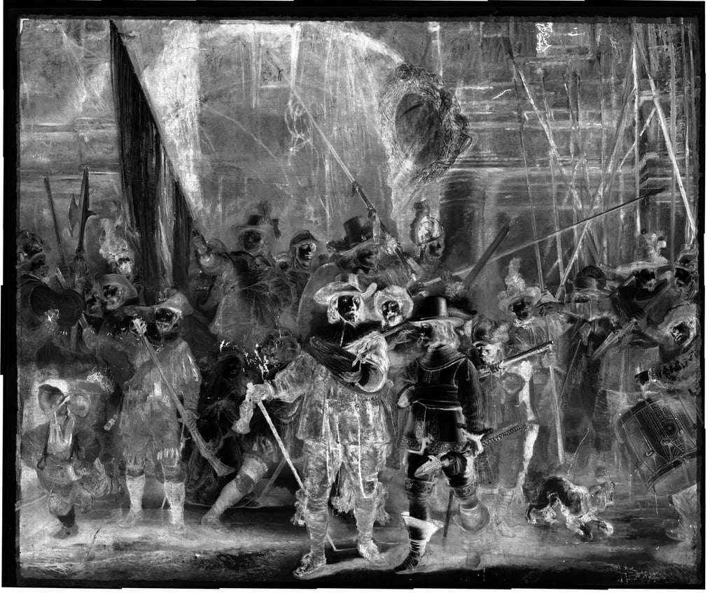 A scan reveals the preparatory sketch underneath Rembrandt van Rijn’s iconic 1642 painting ‘The Night Watch’. Photo: AP A scan reveals the preparatory sketch underneath Rembrandt van Rijn’s iconic 1642 painting ‘The Night Watch’. Photo: AP