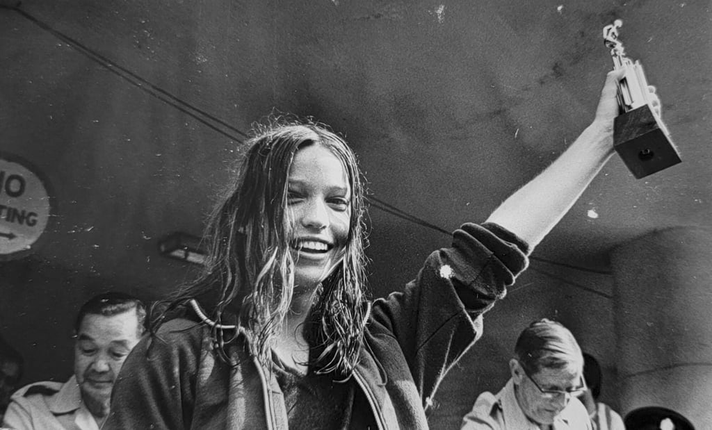 Karen Robertson, who swam for Hong Kong at the 1976 Montreal Olympics, seen here after winning the Cross Harbour Race. Photo courtesy of Karen Robertson.